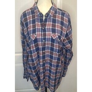 Women’s Eddie Bauer BLUE RED Plaid Button Up Long Sleeve Top Cotton Rayon Sz 2XL